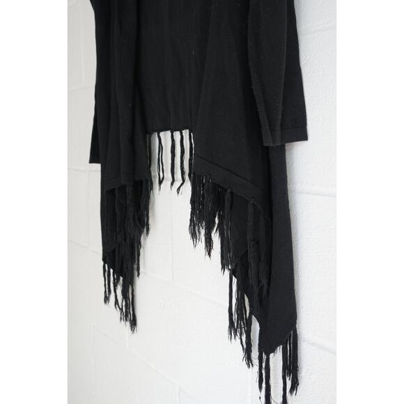 BEAR DANCE Black Fringe Hem Asymmetrical Waterfall Cardigan Size Medium - Picture 2 of 5